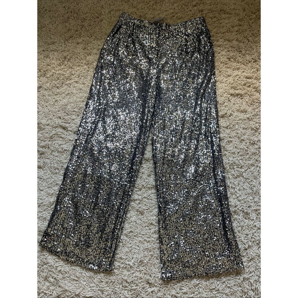 NWT Topshop Cropped Wide-Leg Sequin Pants Silver Cocktail Size 12